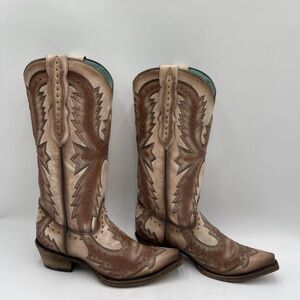 Corral Tan and Brown Heeled Boots with Ornate Stitching